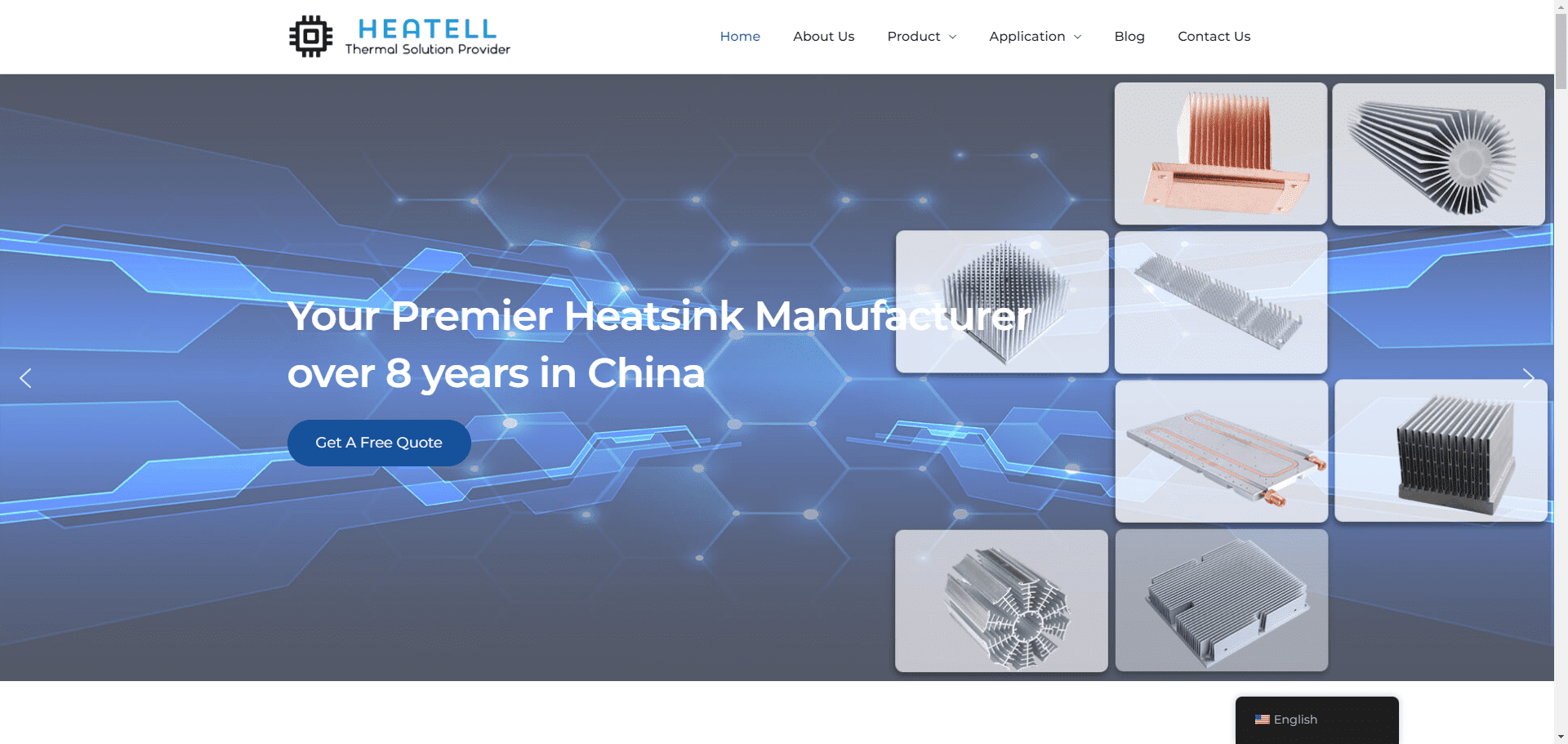 Heatell homepage showcasing custom heatsink solutions and thermal simulation services. Auf der Heatell-Homepage werden kundenspezifische Kühlkörperlösungen und thermische Simulationsdienste vorgestellt.