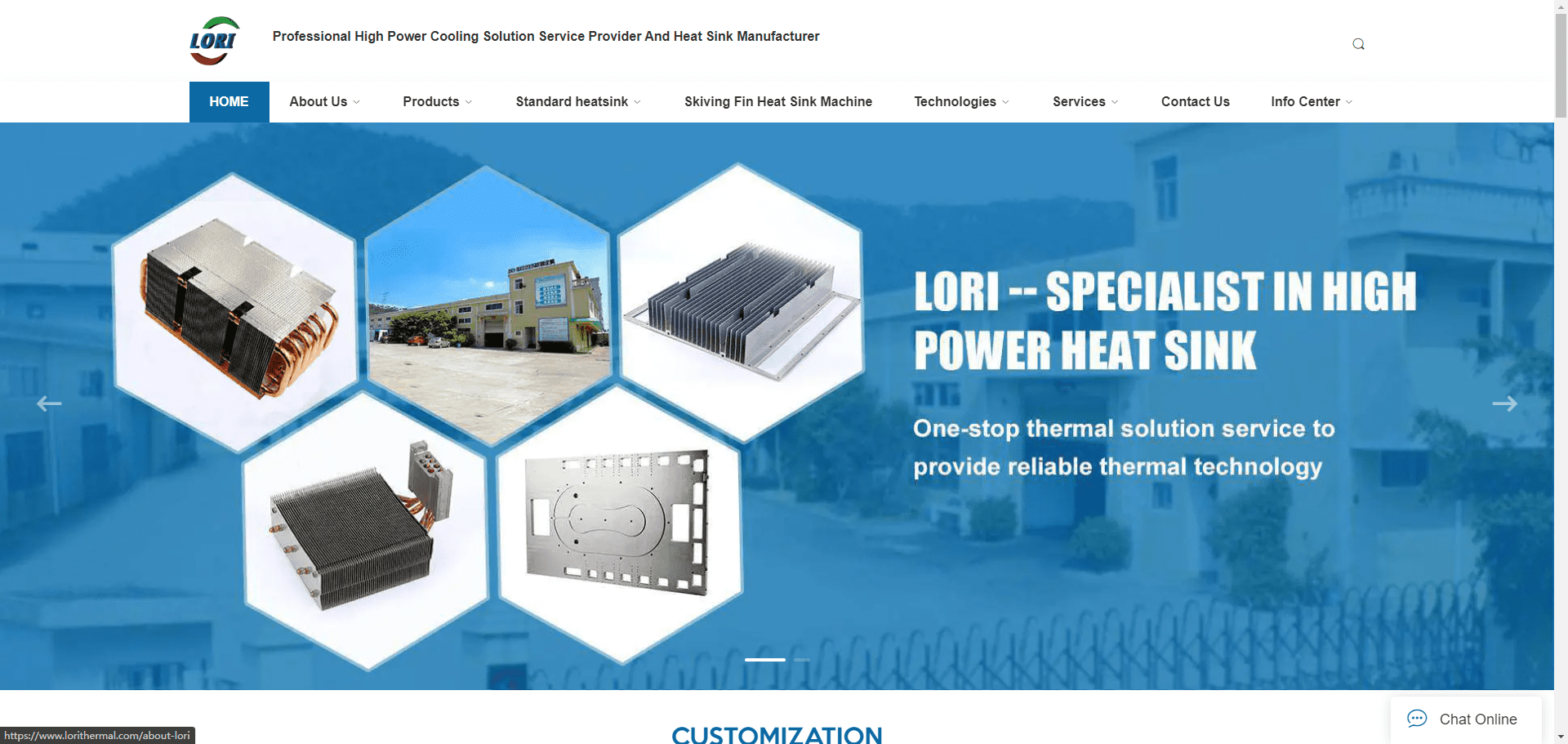 Lori Thermal-Homepage mit Hochleistungs-Kühlkörpern aus Aluminium und Kupfer.